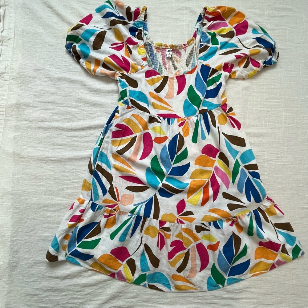 Multicolour Leaf-Print Linen Blend Mini Dress with Puff Sleeves and Pockets